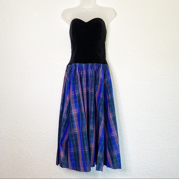 RARE Vintage 80’s Janet Russo Nantucket NY Black Velvet Taffeta Strapless Dress - Picture 2 of 10